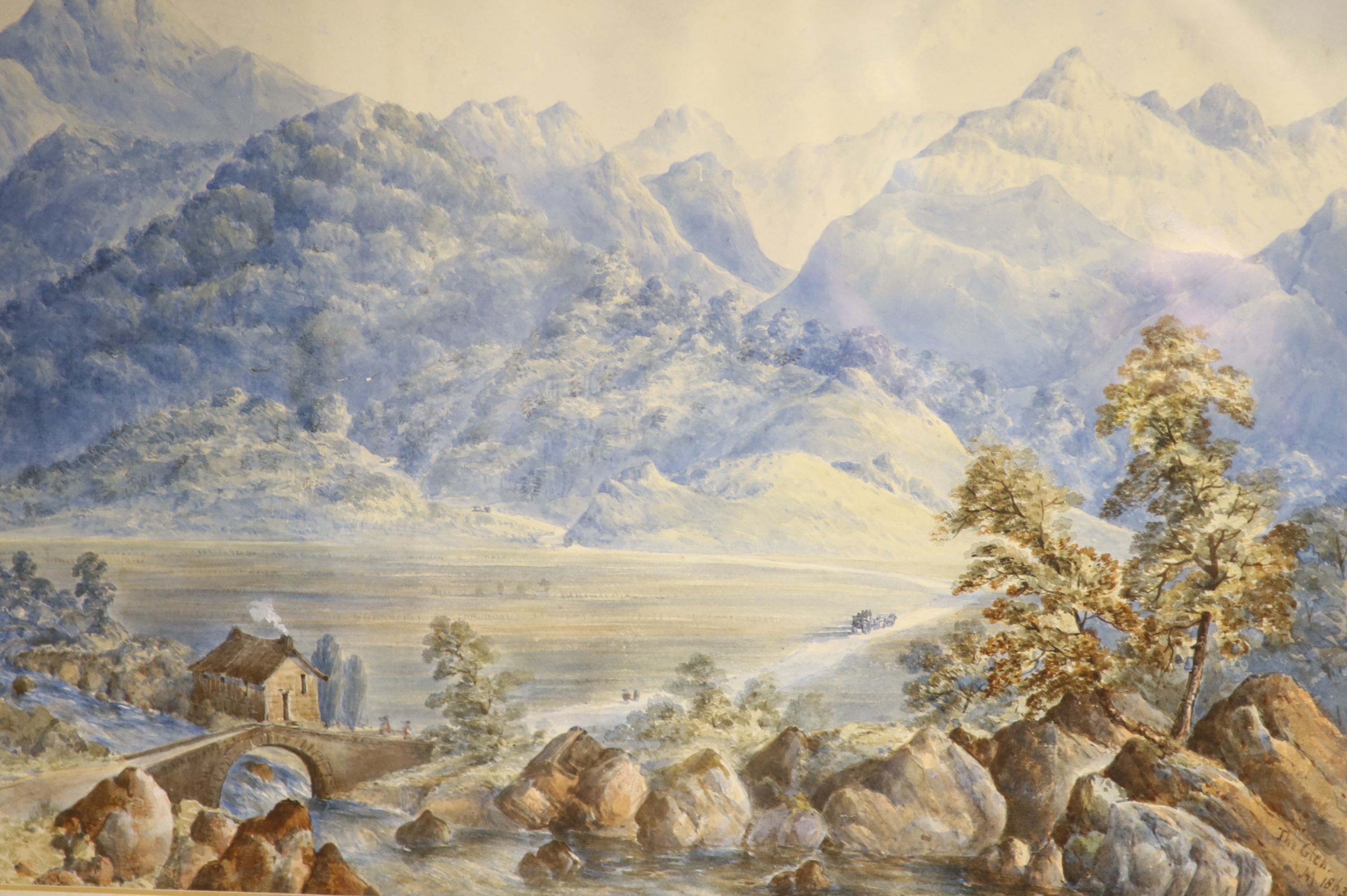 A.M. 19th century, watercolour, The Glen, monogrammed and dated 1863, 31 x 45cm and a 19th century English School, watercolour, Riverside country town, 30 x 44cm